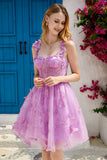 Vestido de bienvenida de corsé púrpura A Line con mariposas 3D