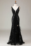 Vestido de fiesta de sirena negro brillante de Depp con cuello en V y plumas
