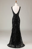 Vestido de fiesta de sirena negro brillante de Depp con cuello en V y plumas