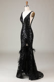 Vestido de fiesta de sirena negro brillante de Depp con cuello en V y plumas