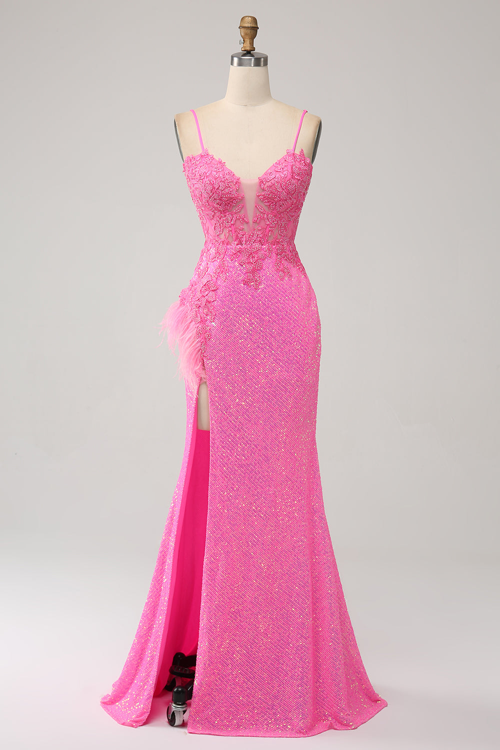 Correas de espagueti de sirena de moda Lentejuelas rosas Vestido largo de fiesta con apliques