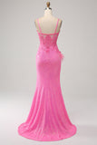Correas de espagueti de sirena de moda Lentejuelas rosas Vestido largo de fiesta con apliques