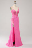 Correas de espagueti de sirena de moda Lentejuelas rosas Vestido largo de fiesta con apliques