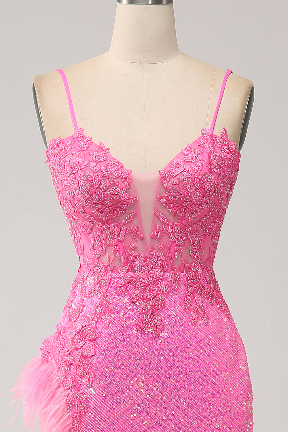 Correas de espagueti de sirena de moda Lentejuelas rosas Vestido largo de fiesta con apliques