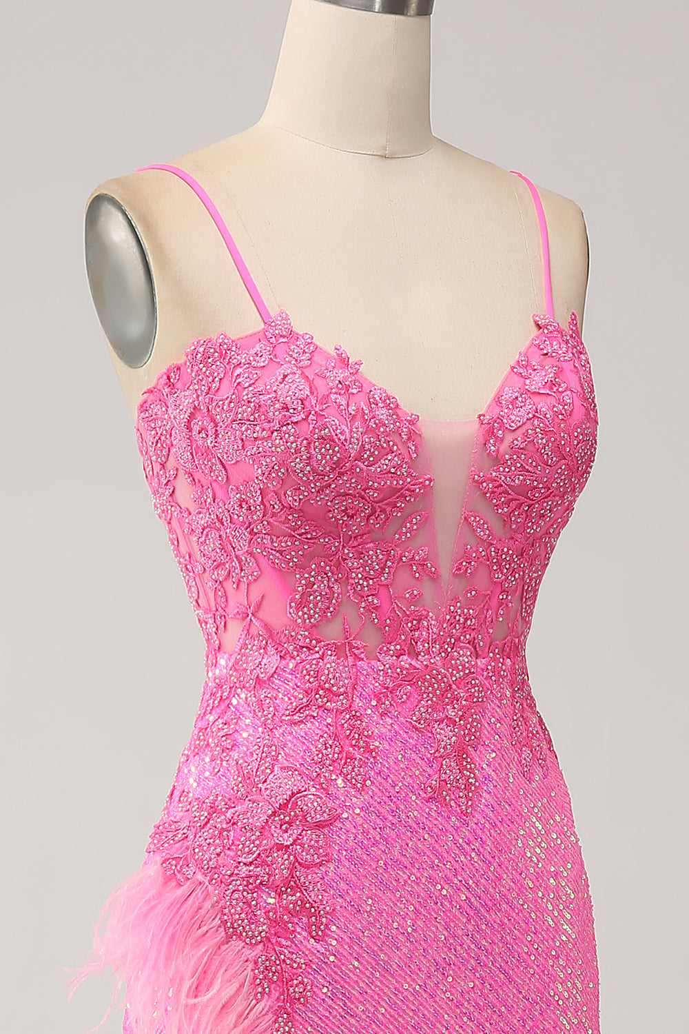 Correas de espagueti de sirena de moda Lentejuelas rosas Vestido largo de fiesta con apliques