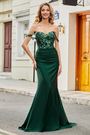 Vestido de fiesta de sirena verde oscuro con volantes