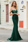 Vestido de fiesta de sirena verde oscuro con volantes