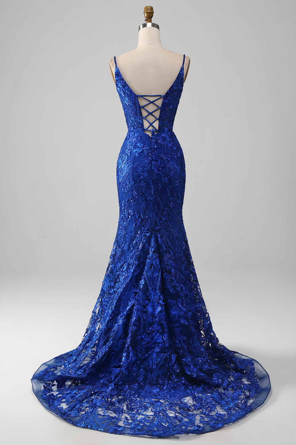 Vestido largo de fiesta con tirantes de espagueti de sirena azul real brillante con apliques