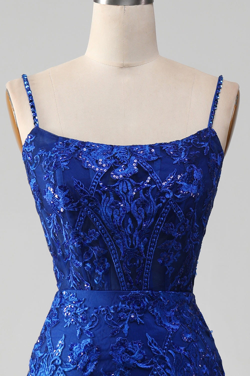 Vestido largo de fiesta con tirantes de espagueti de sirena azul real brillante con apliques