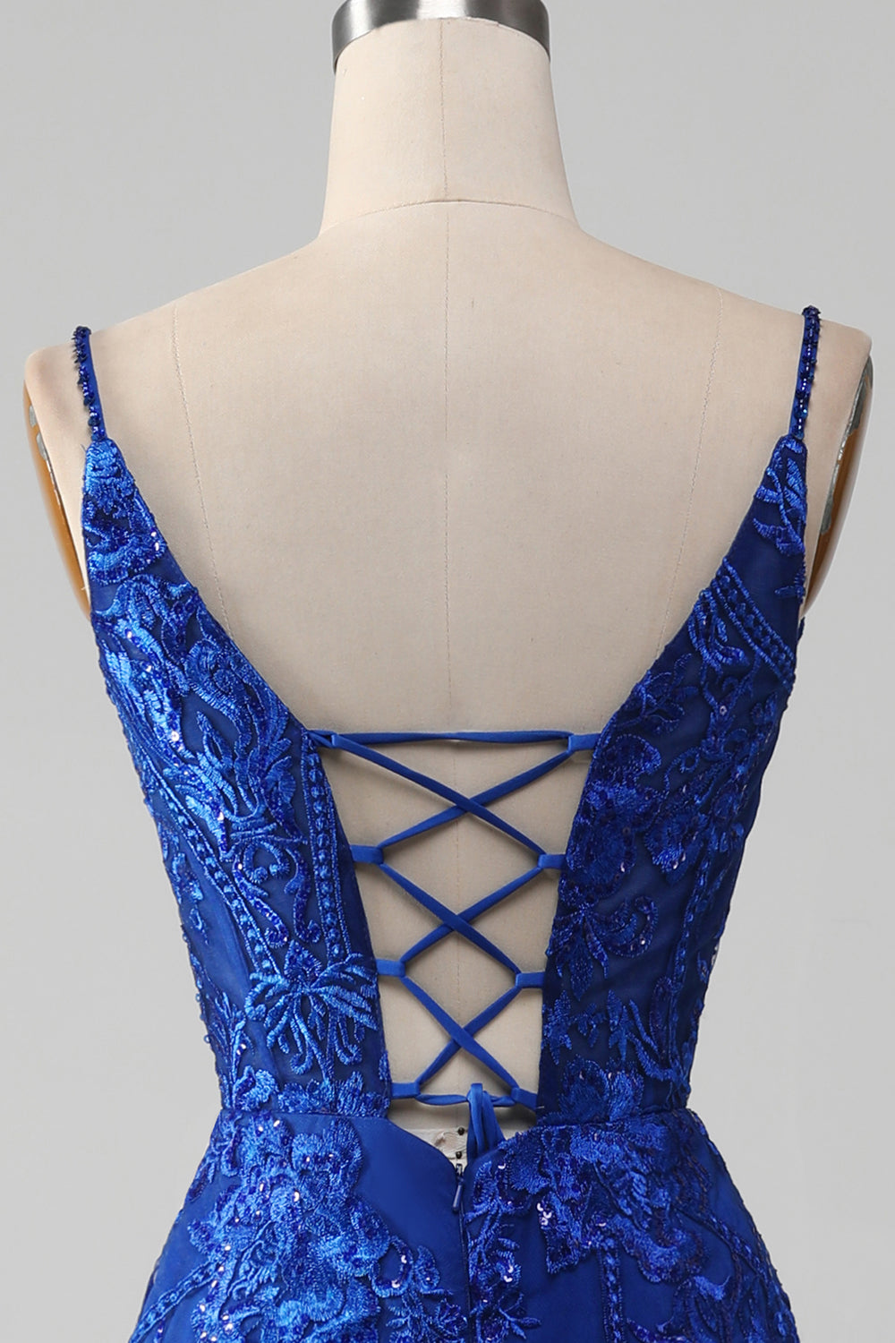 Vestido largo de fiesta con tirantes de espagueti de sirena azul real brillante con apliques