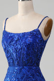Vestido largo de fiesta con tirantes de espagueti de sirena azul real brillante con apliques