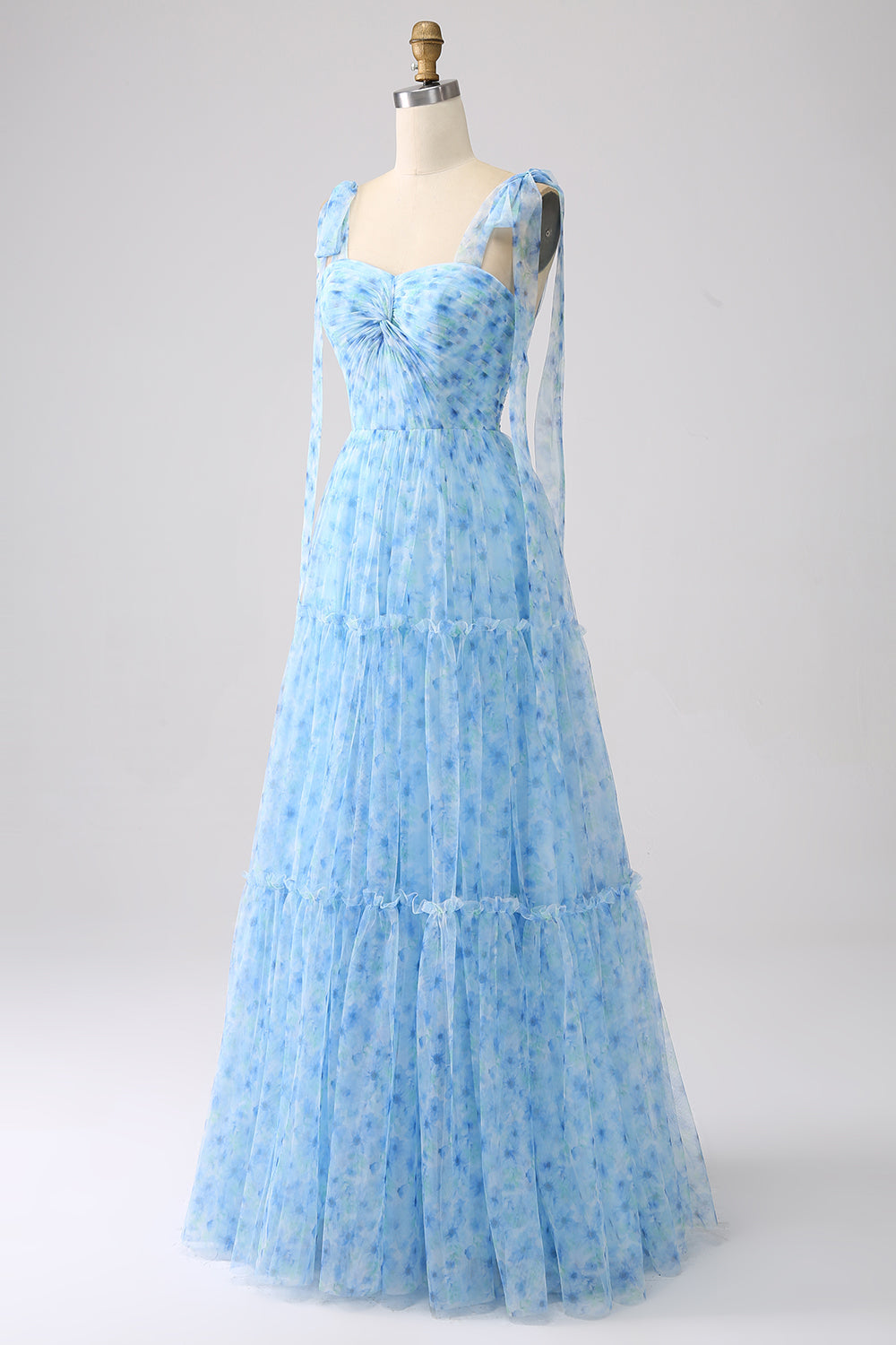 Vestido largo de fiesta con tirantes finos de una línea A azul claro