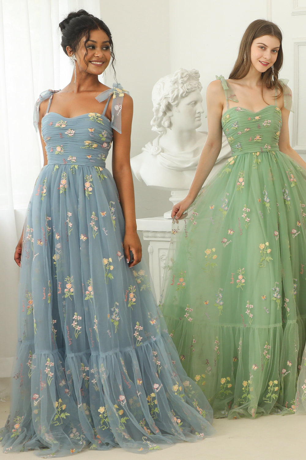 Vestido de fiesta largo verde con bordados