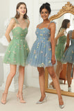 Vestido corto de cóctel gris azul escote A