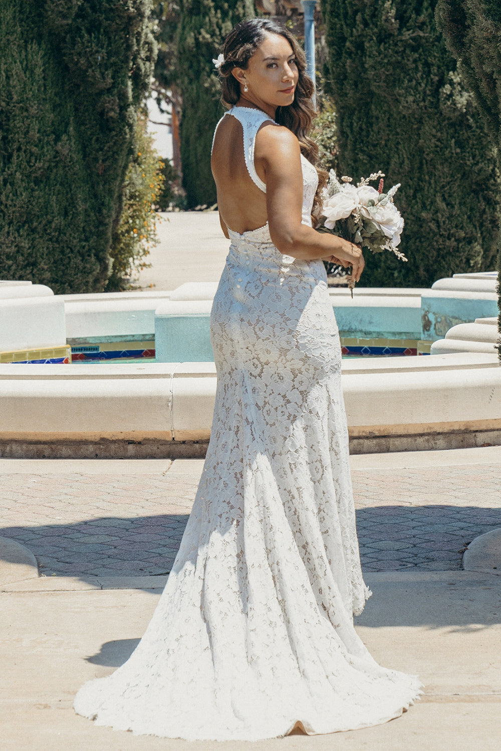 Marfil Fuera de Espalda Boho Encaje Vestido de Novia