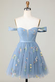 Lindo A Line Sweetheart Grey Blue Short Homecoming Dress con bordado