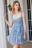 Lindo A Line Sweetheart Grey Blue Short Homecoming Dress con bordado