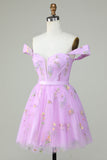 Lindo A Line Sweetheart Purple Short Homecoming Dress con bordado
