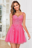 Elegante línea A Straps Spaghetti Straps Pink Short Homecoming Dress con apliques