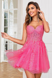 Elegante línea A Straps Spaghetti Straps Pink Short Homecoming Dress con apliques
