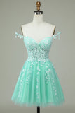 Lindo A Line Spaghetti Straps Mint Short Homecoming Dress con apliques