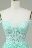Lindo A Line Spaghetti Straps Mint Short Homecoming Dress con apliques