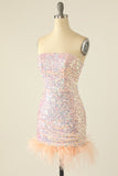 Vestido de lentejuelas azul cielo con plumas