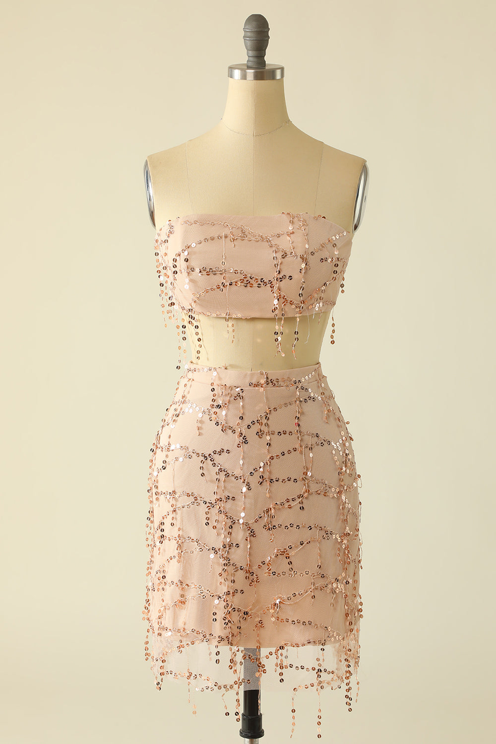 Dos piezas de lentejuelas Sin Tirantes Rosa Vestido de Cóctel