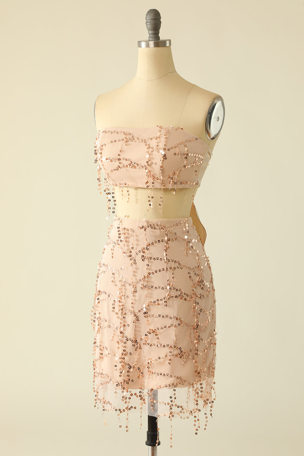 Dos piezas de lentejuelas Sin Tirantes Rosa Vestido de Cóctel