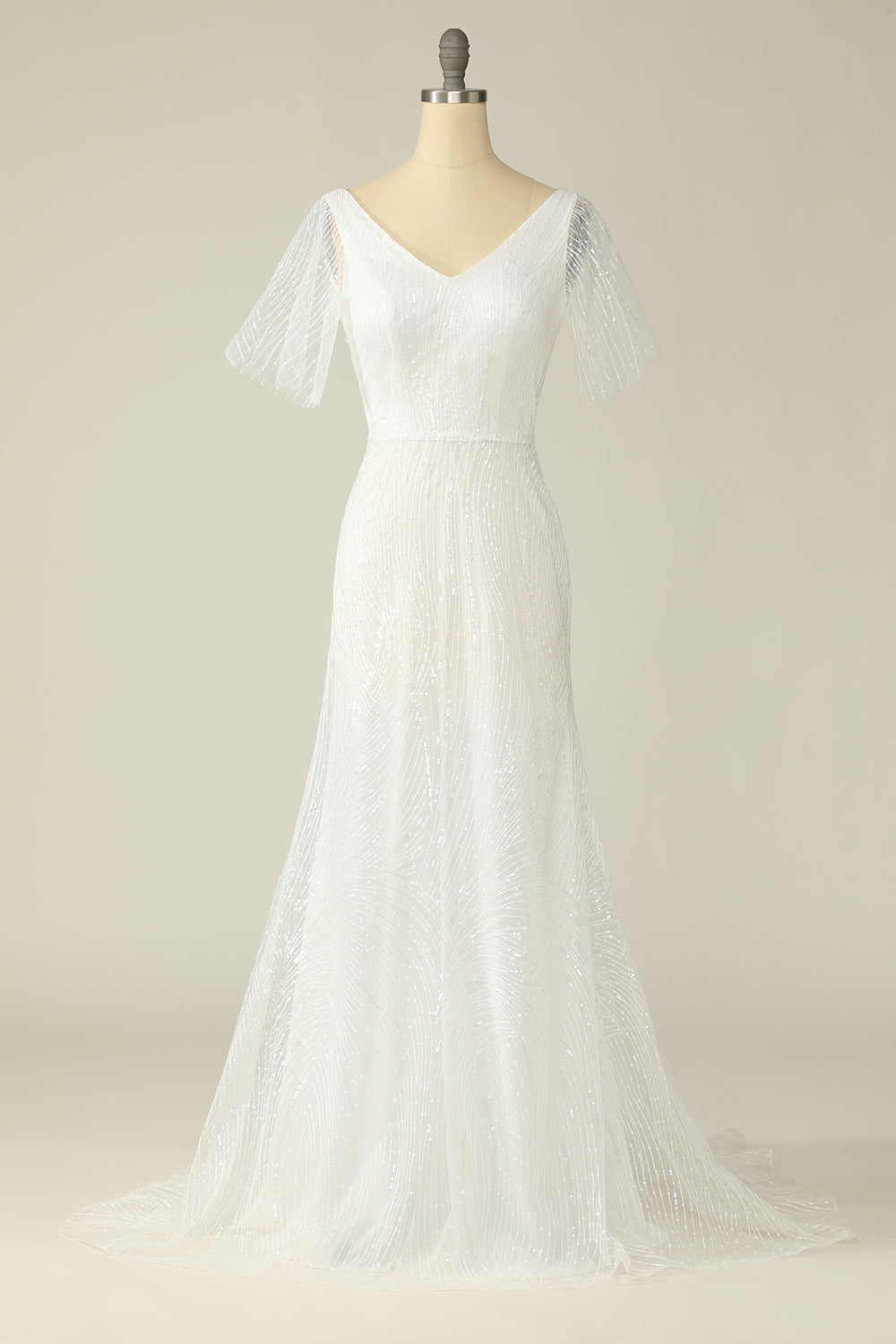Vestido de novia de encaje en V blanco