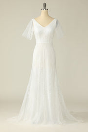 Vestido de novia de encaje en V blanco