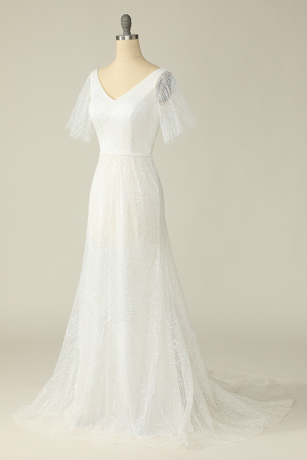 Vestido de novia de encaje en V blanco