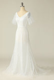 Vestido de novia de encaje en V blanco