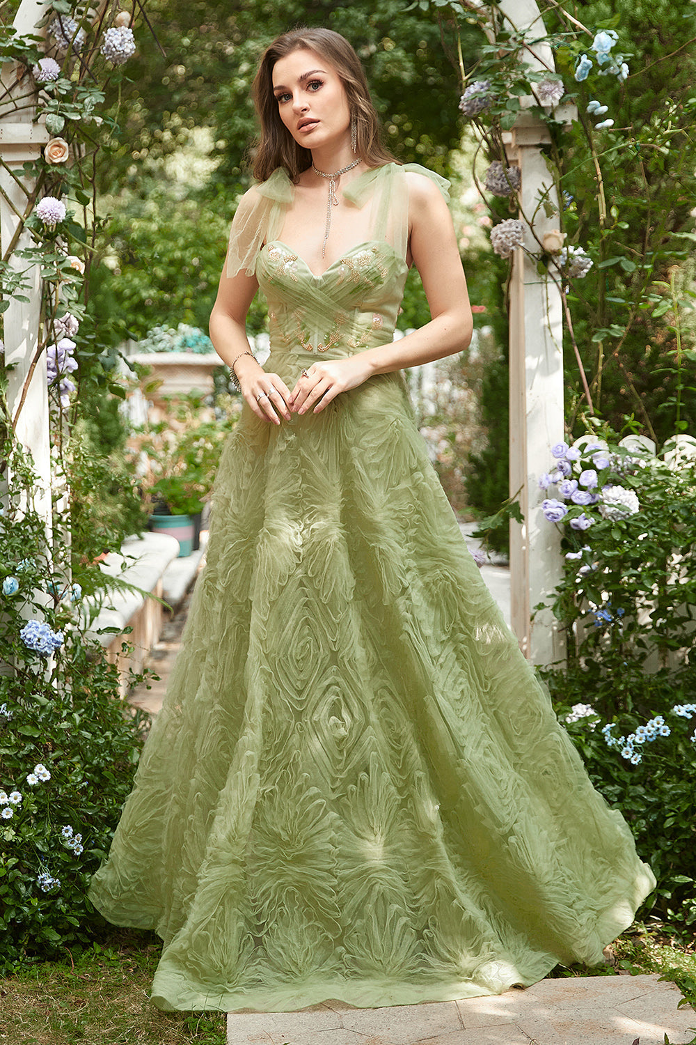 Vestido de Graduación Con Bordado Verde Claro A-Línea