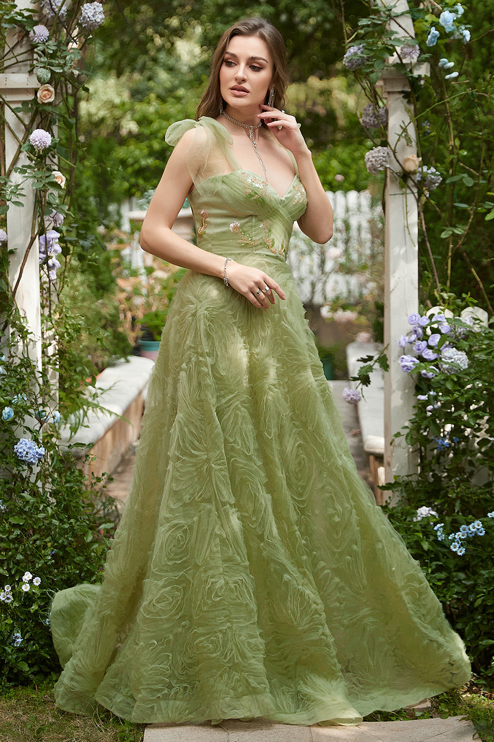 Vestido de Graduación Con Bordado Verde Claro A-Línea