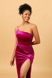 Vestido de fiesta terciopelo un hombro fucsia