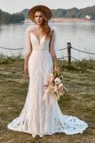 Sirena Marfil Encaje Boho Vestido de Novia Con Moños