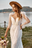 Sirena Marfil Encaje Boho Vestido de Novia Con Moños
