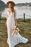 Sirena Marfil Encaje Boho Vestido de Novia Con Moños