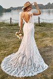 Sirena Marfil Encaje Boho Vestido de Novia Con Moños