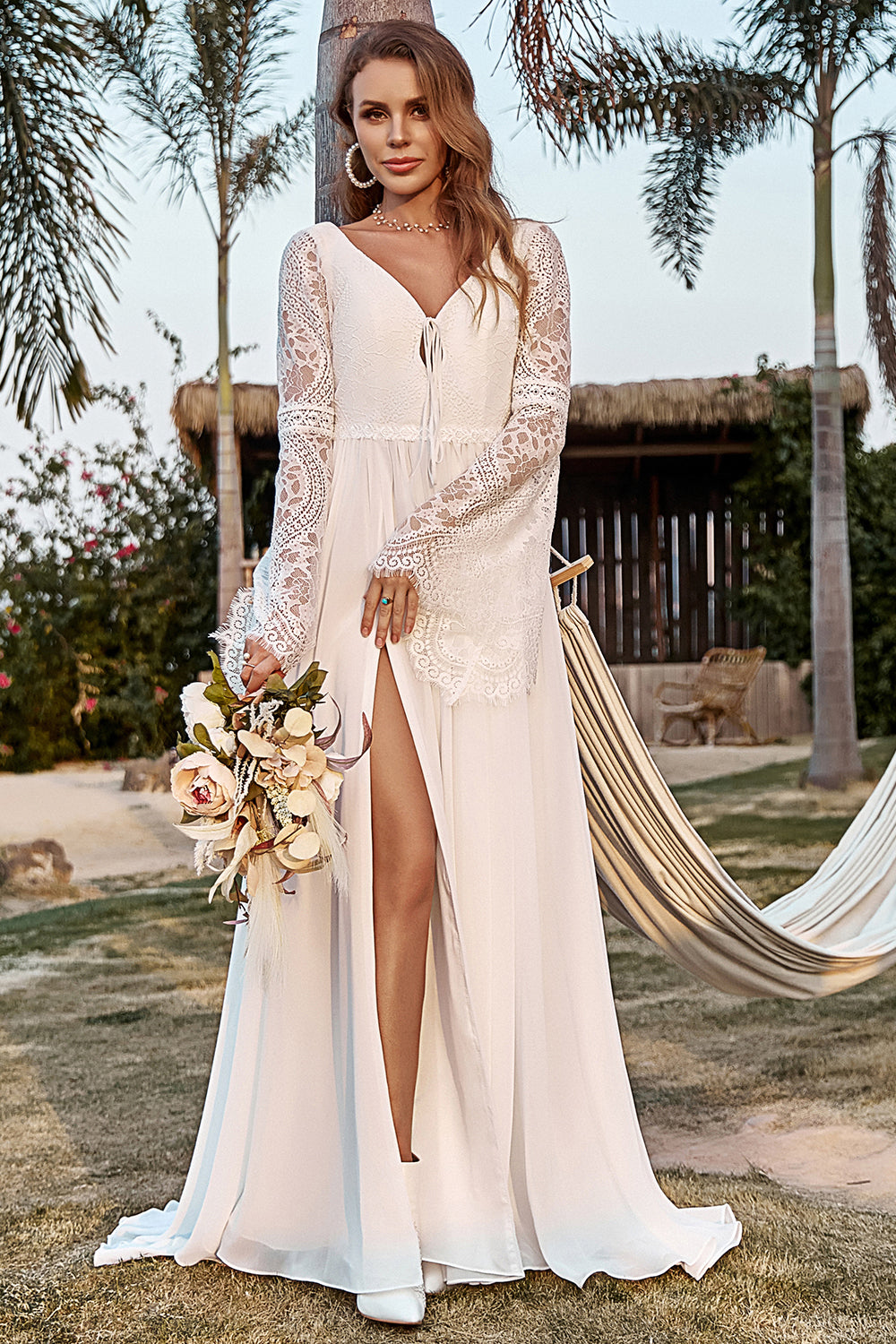 Encaje Marfil Manga Boho Vestido de Novia