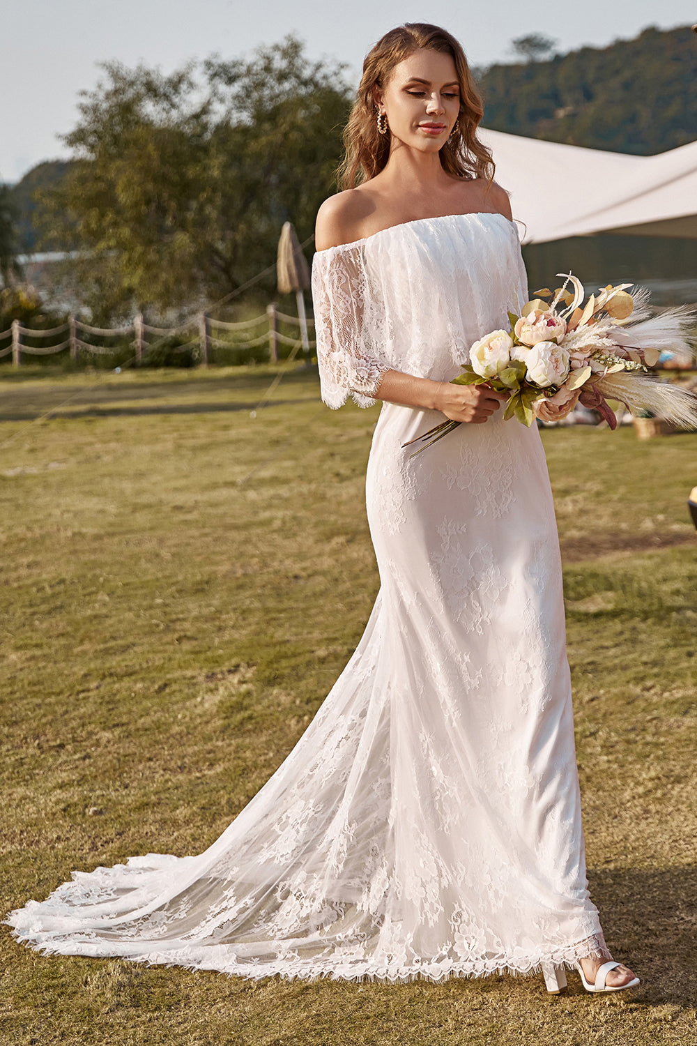 Sirena Marfil Fuera del Hombro Encaje Boho Vestido de Novia