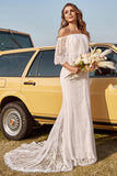 Sirena Marfil Fuera del Hombro Encaje Boho Vestido de Novia