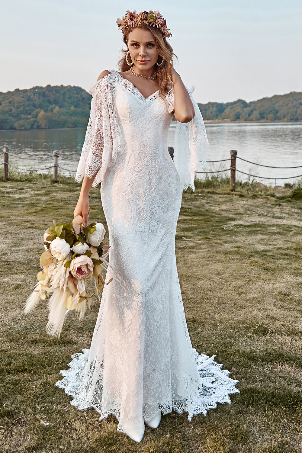Encaje Marfil Sirena Mangas Chal Boho Vestido de Novia