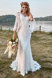 Encaje Marfil Sirena Mangas Chal Boho Vestido de Novia
