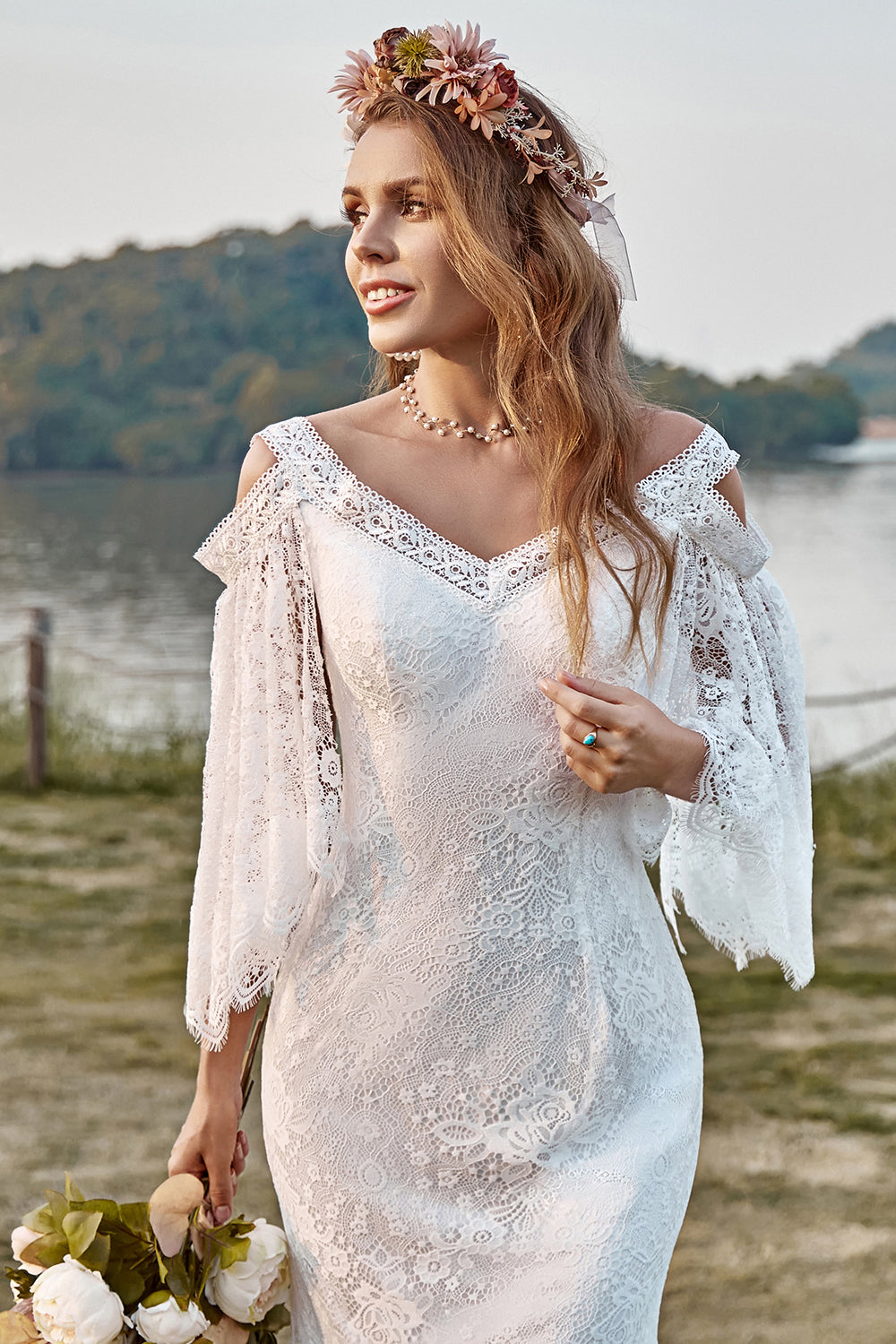 Encaje Marfil Sirena Mangas Chal Boho Vestido de Novia