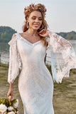 Encaje Marfil Sirena Mangas Chal Boho Vestido de Novia