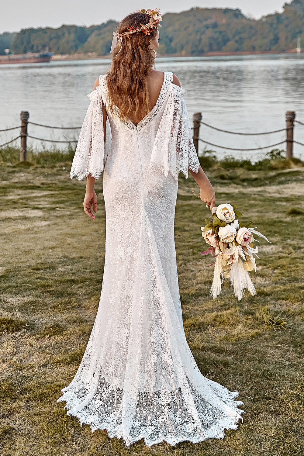 Encaje Marfil Sirena Mangas Chal Boho Vestido de Novia