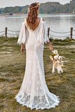 Encaje Marfil Sirena Mangas Chal Boho Vestido de Novia