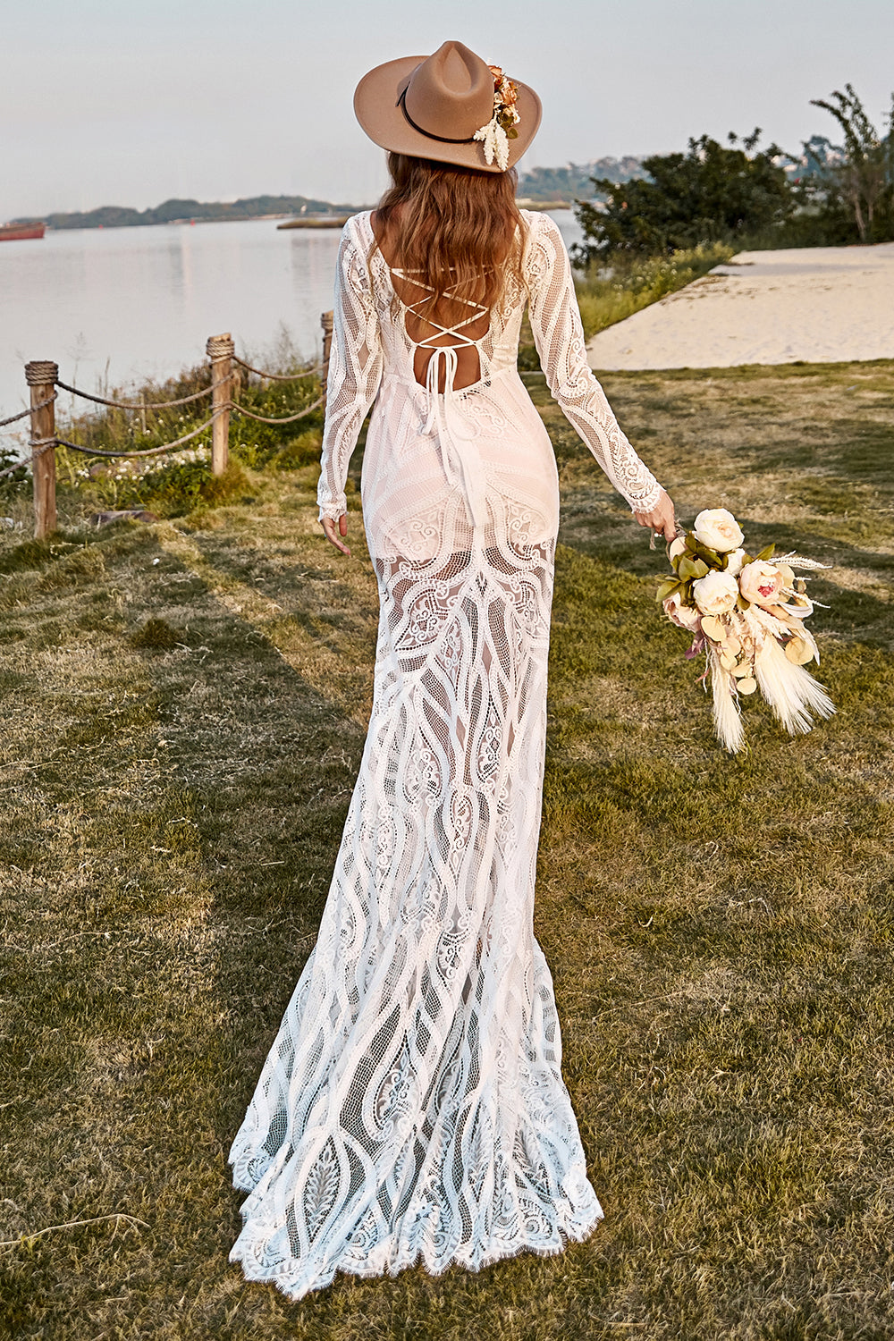 Sirena Marfil Mangas Largas Encaje Vestido de Novia Boho